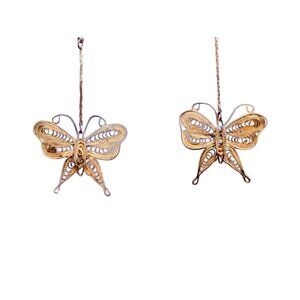 Vintage 1970s Gold Tone Cannetille Filigree Butterfly Drop Dangle Stud Earrings
